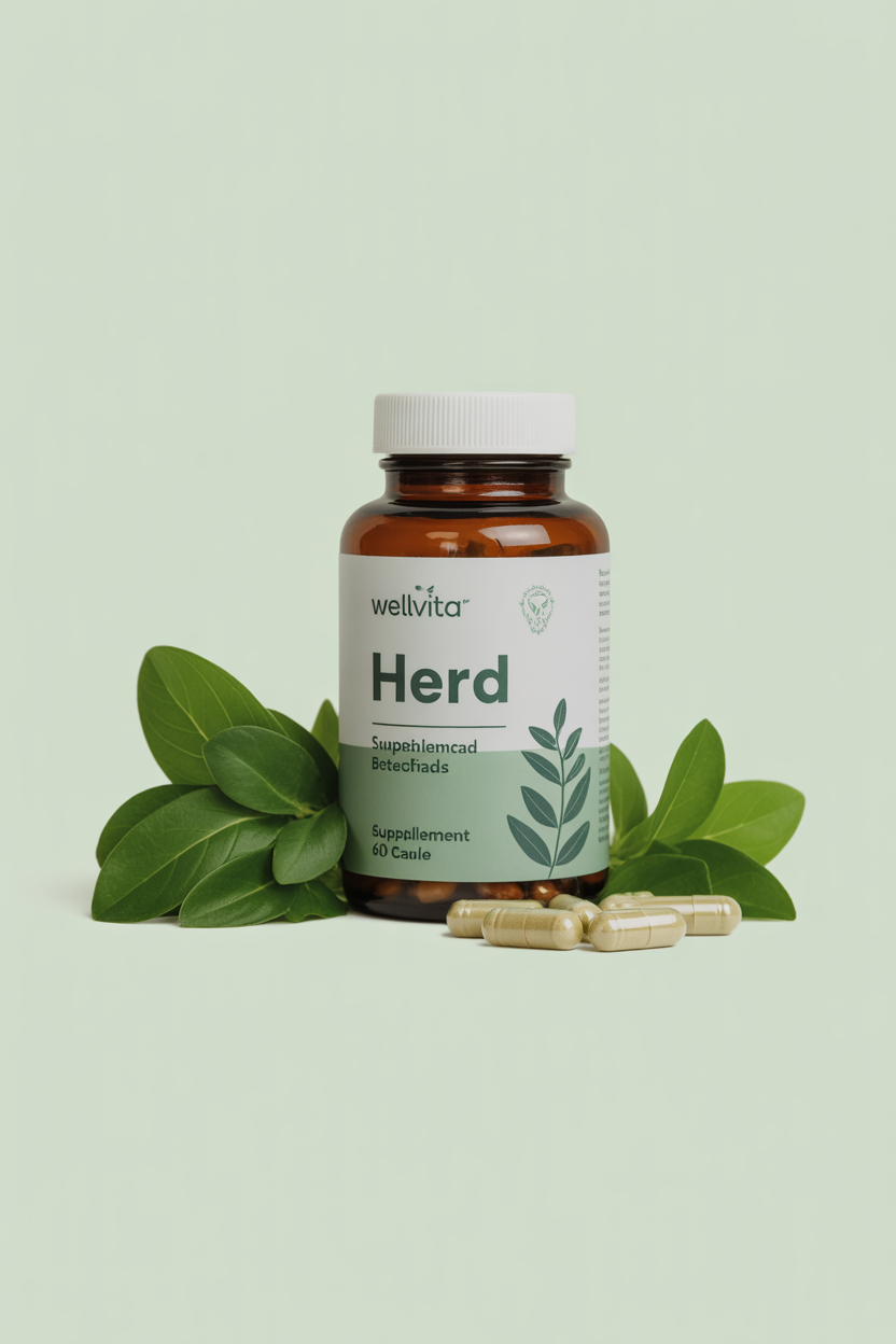 Wellvita Herb bottle placed beside fresh botanical leaves